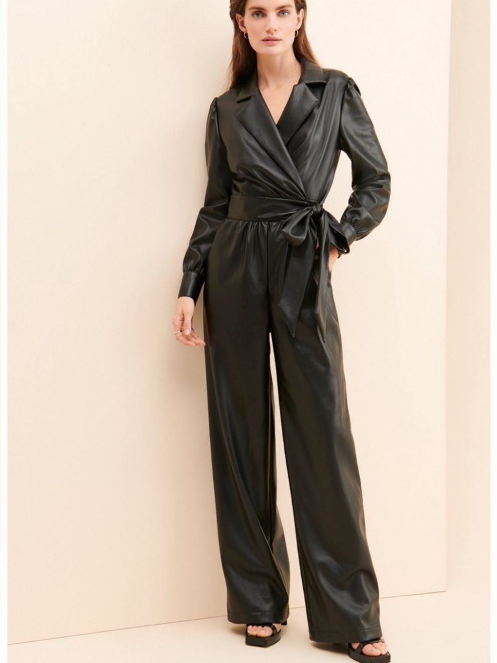 Anthropologie Black Faux-Leather Wrap Jumpsuit with Tie Waist